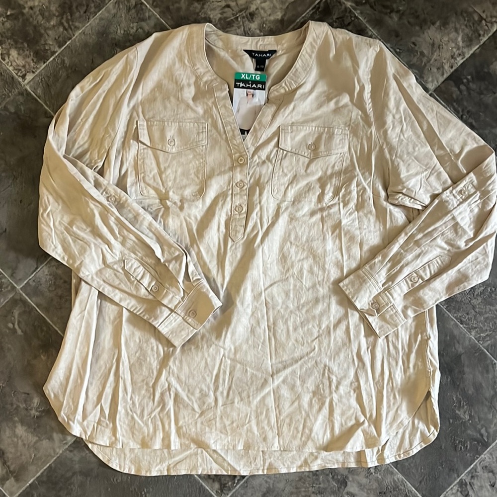 Tahari Linen Long Sleeve Pocket 3/4 Button Shirt